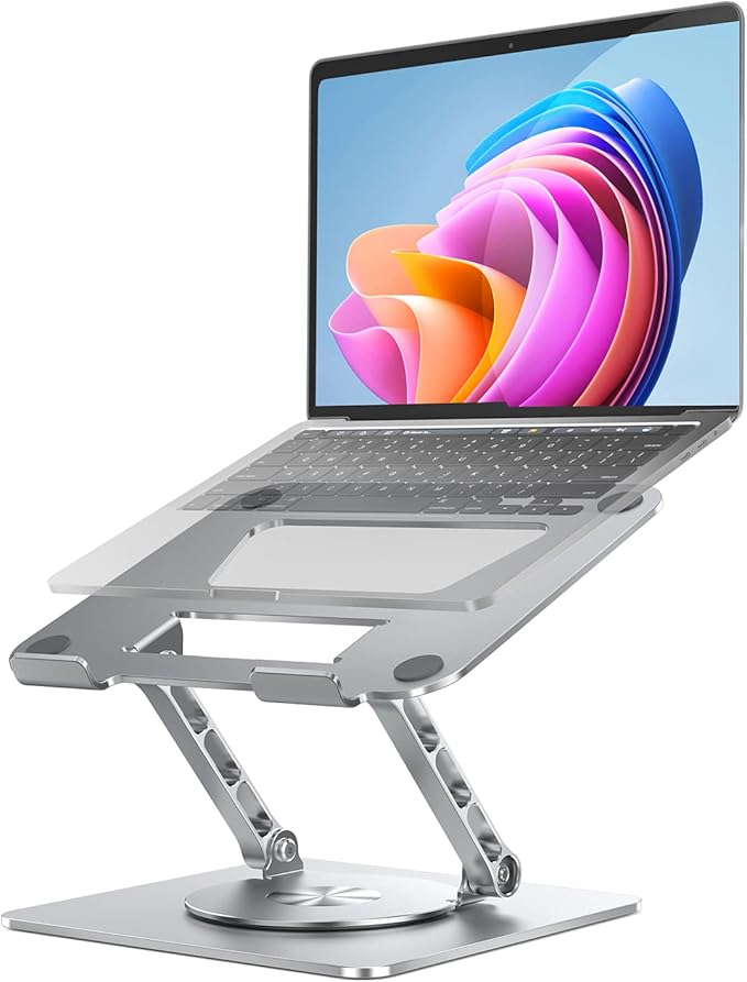 Rotating Laptop Stand, 360° Angle Swivel, Height Adjustable for Neck/Shoulder Health, Solid Aluminum Base, Fits 10"-17" Laptop & Tablet (Silver)