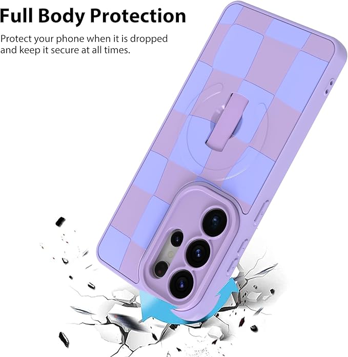 KANGHAR Compatible with Samsung Galaxy S26 Ultra Case, Support for MagSafe, Silicone Checkered Cute Pattern, Wristband Kickstand Camera Protection Soft Slim Cover for Girls Women -Purple