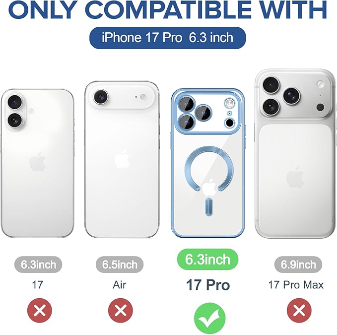 Hython Magnetic Clear for iPhone 17 Pro Case with Camera Lens Protector [Compatible with MagSafe] Luxury Plating Edge Slim Soft TPU Cover Protective Phone Case for iPhone 17 Pro, Matte Light Blue