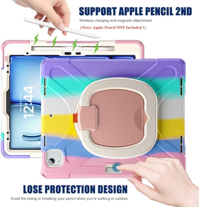 SCSVPN Kids Case for iPad Air 13 inch M4/M3/M2 2026 2025 2024 & iPad Pro 12.9'' 6th/5th/4th/3rd Gen 2022 2021 2020 2018, Protective Cover with Pencil Holder-Stand-Handle-Shoulder Strap, Colorful Pink
