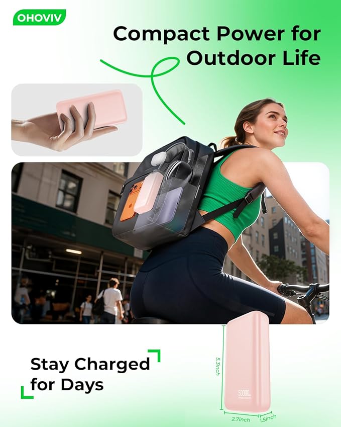 OHOVIV Portable Charger 50000mAh Power Bank - 22.5W Fast Charging External Battery Pack,USB-C Portable Phone Charger for iPhone 17/16/15/14/13 Pro Android Samsung, for Travel Camping Essential-Pink