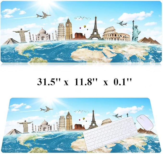 31.5x11.8 Inch Non-Slip Long Extended Large Gaming Mouse Pad with Stitched Edges XL Laptops Keyboard Mouse Mat(Travel World)