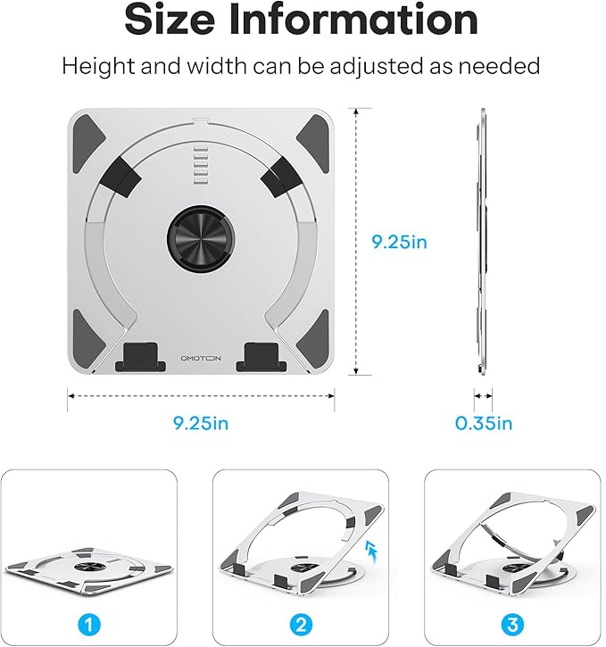 OMOTON Portable Laptop Stand for Desk, Ergonomic Computer Stand with 360° Rotating Base, 5-Level Adjustable Aluminum Foldable Mount, Compatible for 10-15.6" Laptops