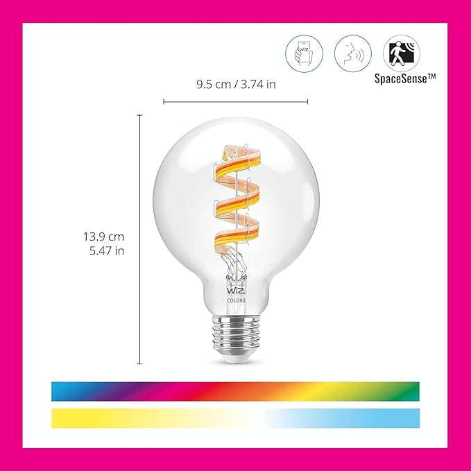 WiZ Color G25 Color Filament LED Smart Bulb - Pack of 6-300 Lumen - E26 Indoor - Connects to Your Existing Wi-Fi - Control with Voice or App + Activate with Motion - Matter Compatible.