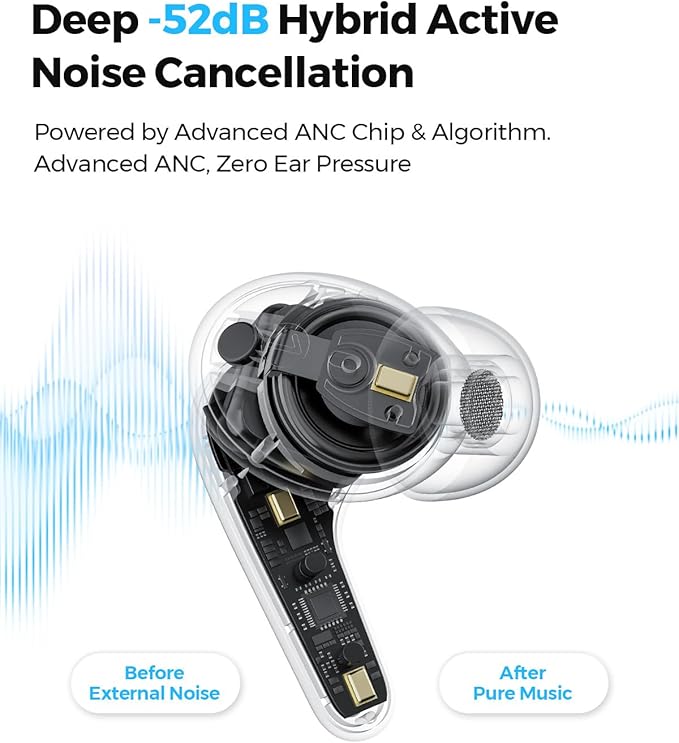 SoundPEATS C30 Hybrid ANC Earbuds, LDAC Hi-Res Audio, 52H Playtime, 52dB Adaptive Noise Cancelling Wireless Earbuds, 6-Mic Clear Call, 12mm Driver, Bluetooth 6.0, Multi-Point, IP54 - Orange