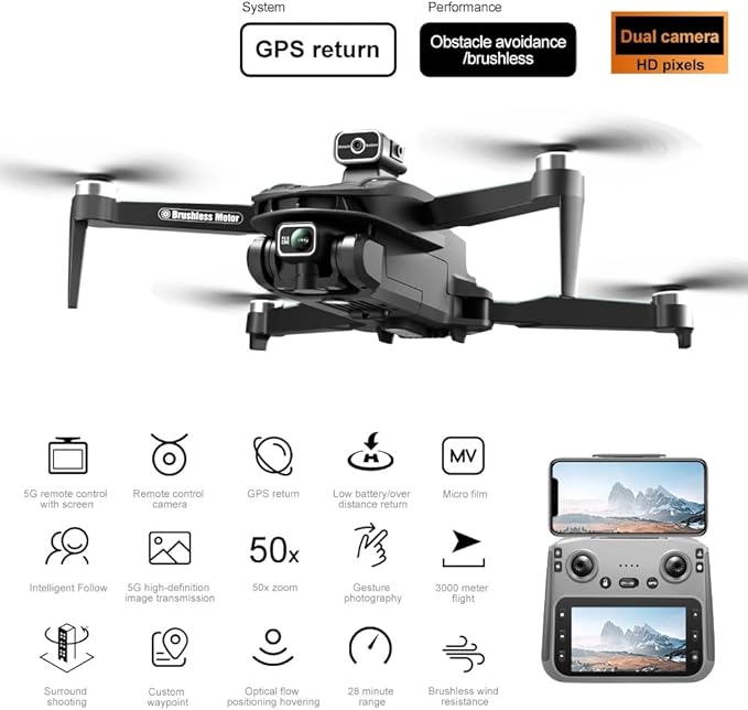 GPS Drone with 4K Camera, 4.5" LCD Display Screen Controller- 3,280ft RC Range, Auto return, Follow Me, Go Home, Gesture Control, One Key Takeoff/Landing, Altitude Hold,led Light ，Professional Quadcopter for Aerial Photography Control and Video Recordi...