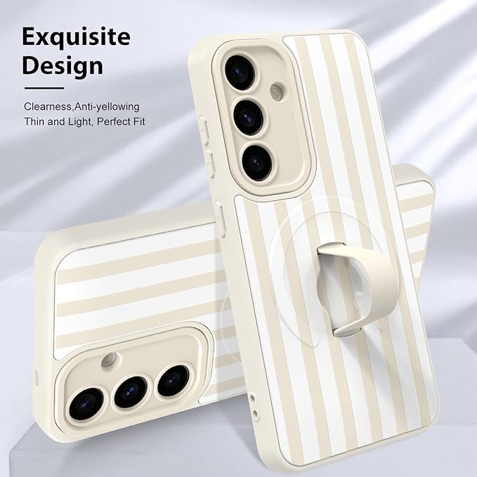 KANGHAR Compatible with Samsung Galaxy S25 Case, Support for MagSafe, Silicone Stripes Cute Pattern, Wristband Kickstand Camera Protection Soft Slim Cover for Girls Women -White