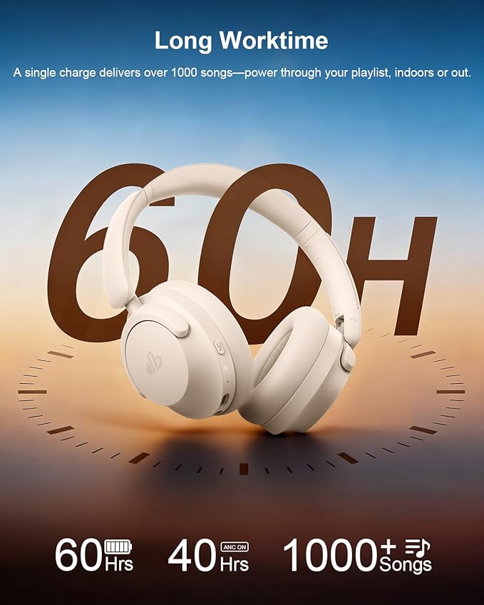 Hybrid Active Noise Cancelling Headphones, Over-Ear Bluetooth Headphone with Hi-Res Audio, 60H Playtime, Deep Bass, Transparency Mode, Foldable Comfort Ear Cups, Ideal gift for Travel Office - Beige