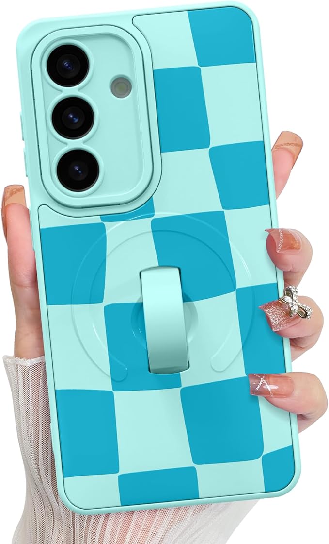 KANGHAR Compatible with Samsung Galaxy S26 Case, Support for MagSafe, Silicone Checkered Cute Pattern, Wristband Kickstand Camera Protection Soft Slim Cover for Girls Women -Blue
