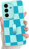 KANGHAR Compatible with Samsung Galaxy S26 Case, Support for MagSafe, Silicone Checkered Cute Pattern, Wristband Kickstand Camera Protection Soft Slim Cover for Girls Women -Blue