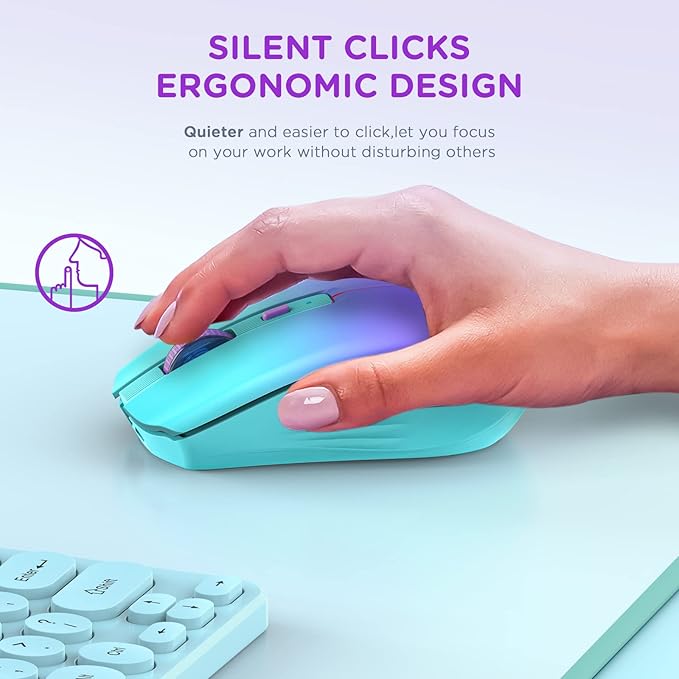 RAPIQUE Bluetooth Wireless Mouse, Rechargeable Slient Multi-Device Computer Mice (Tri-Mode: BT1/2+2.4Ghz) with USB Receiver, Ergonomic Cordless Mouse for Laptop/MacBook/PC/iPad(Mint Green to Purple)