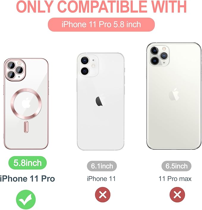 Hython Magnetic Clear for iPhone 11 Pro Case with Camera Lens Protector [Compatible with MagSafe] Luxury Plating Edge Slim Soft TPU Cover Protective Phone Case for iPhone 11 Pro 5.8", Pink