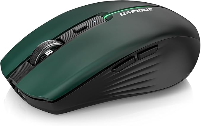 RAPIQUE Bluetooth Wireless Mouse – Bluetooth 5.1 & 2.4G Dual Connectivity, Rechargeable USB-C, Silent Click, Ergonomic 6-Button for Windows/macOS/Android/iOS/Laptop/MacBook(Green-to-Black)