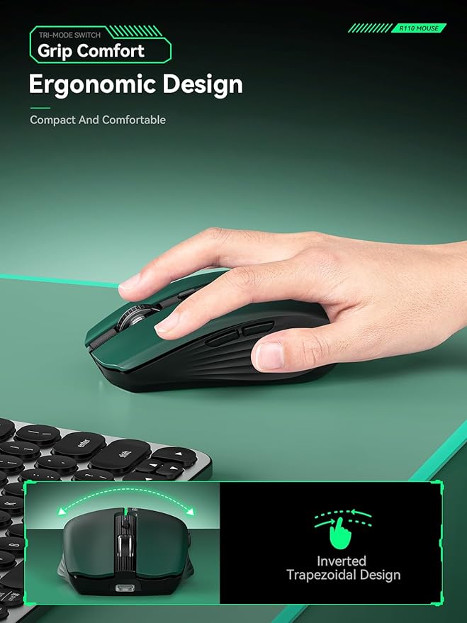 RAPIQUE Bluetooth Wireless Mouse – Bluetooth 5.1 & 2.4G Dual Connectivity, Rechargeable USB-C, Silent Click, Ergonomic 6-Button for Windows/macOS/Android/iOS/Laptop/MacBook(Green-to-Black)