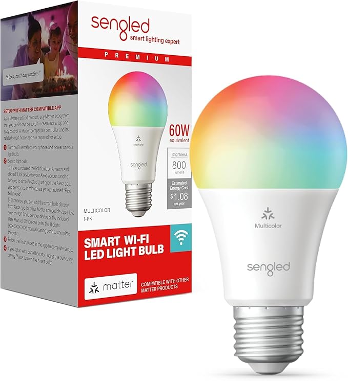 Sengled LED Smart Light Bulbs G2, Matter-Enabled, Color Changing Light Bulb, Smart Bulbs, 60W Equivalent, 800LM, Instant Pairing, 2.4 GHz, Wi-Fi, 1-Pack