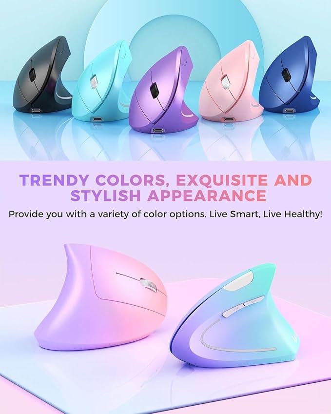Lekvey Ergonomic Mouse, Vertical Wireless Mouse Rechargeable 2.4 GHz Optical Carpal Tunnel Mouse : 800/1200/1600 DPI, 6 Buttons, for Laptop, PC, Mac, Computer, Desktop, Notebook etc, Pink to Purple