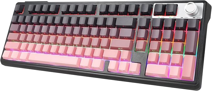 HUO JI Wireless Mechanical Gaming Keyboard with Knob, Bluetooth 5.0/2.4GHz/USB-C Wired, Hot Swappable Red Switches, Anti-Ghosting, Led Backlit, 96% Computer Keyboard for PC Gamer, Pink