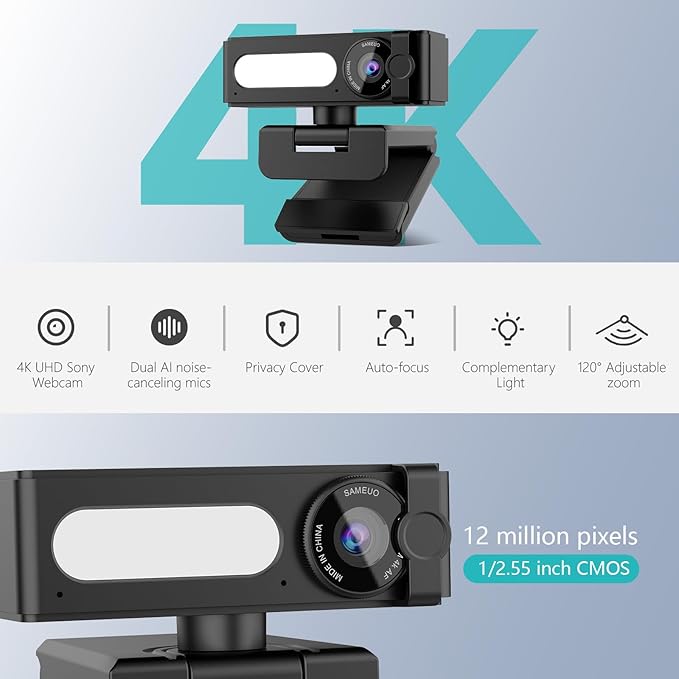 4K Webcam with Dual AI Noise-Cancelling Mics Autofocus, Auto Light Correction,120° FOV,Privacy Cover,Plug and Play Computer Camera for Microsoft Teams/Zoom/Google Voice/Skype/Facetime/YouTube,Black