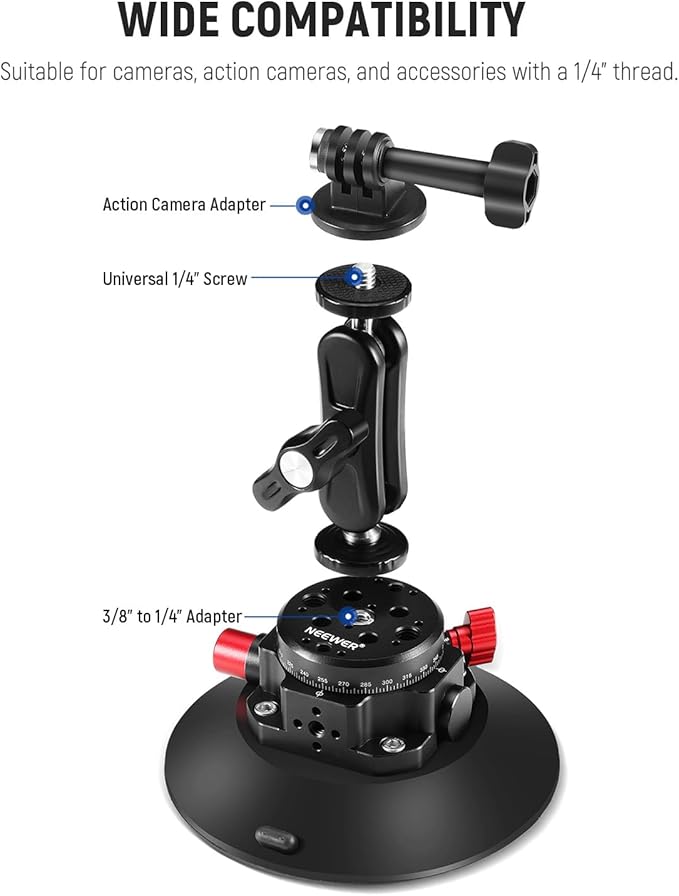 NEEWER 6" Suction Cup Camera Mount Compatible with GoPro, Metal Car Windshield Dash Ball Head Magic Arm with Action Cam Adapter Cleaning Cloth for DSLR Phone Holder, for POV Video Recording, CA013