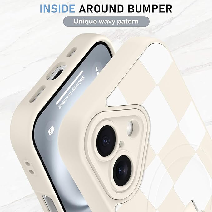 KANGHAR Compatible with iPhone 16 Case, Support for MagSafe, Silicone Checkered Cute Pattern, Wristband Kickstand Camera Protection Soft Slim Cover for Girls Women -White