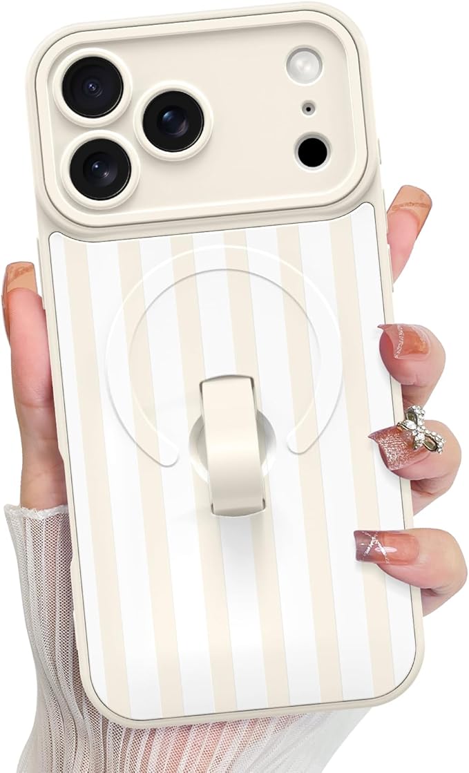 KANGHAR Compatible with iPhone 17 Pro Case, Support for MagSafe, Silicone Stripes Cute Pattern, Wristband Kickstand Camera Protection Soft Slim Cover for Girls Women -White