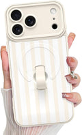 KANGHAR Compatible with iPhone 17 Pro Case, Support for MagSafe, Silicone Stripes Cute Pattern, Wristband Kickstand Camera Protection Soft Slim Cover for Girls Women -White