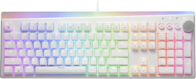 i-rocks K71M RGB Mechanical Gaming Keyboard with Media Control Knob, Switches (Brown), 107 Keys w/Full NKRO, PBT Keycaps, Multimedia Hotkeys, Detachable USB-C Cable and Onboard Storage, White