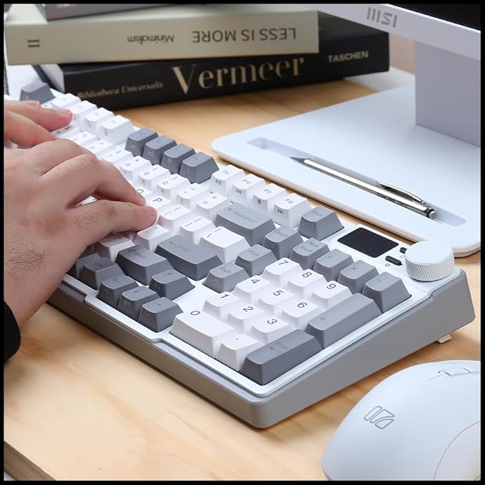 iRocks K85R Wireless RGB Backlit Mechanical Gaming Keyboard with LCD Display, Hot-Swappable Pre-lubed Brown Switches, 98 PBT Keys, USB-C Detachable Cable (ICY White, Bubble Switch)