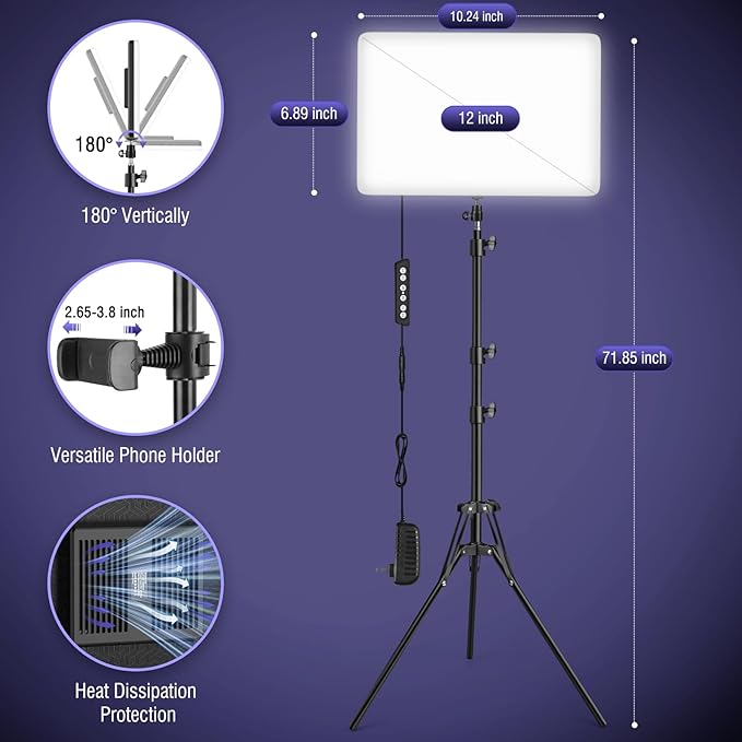 LED Video Light Kit with Adjustable Tripod Stand 63'', 2500K-8500K Dimmable Photography Lighting Continuous Studio Light for Game Streaming, YouTube