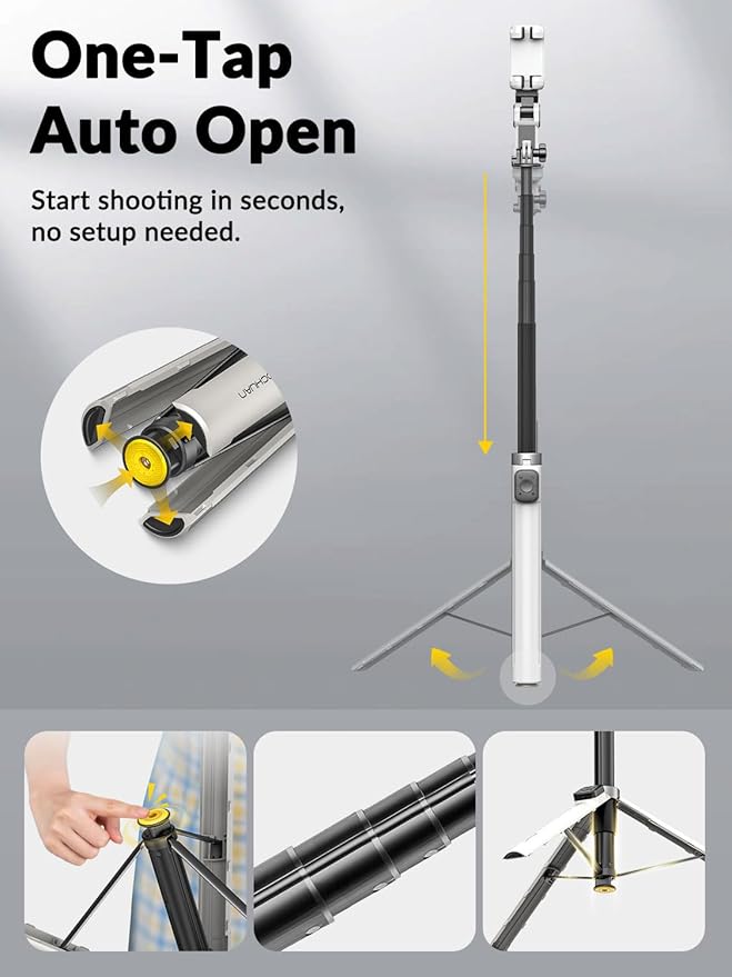 AOCHUAN 70.9” Auto-Open 4-in-1 Smartphone Gimbal for iPhone & Android, AI Face Tracking Phone Stabilizer(No App Needed) w/Magnetic Remote, 360° Rotating Gimbal, RGB Light& Built-in Tripod, M3Pro White