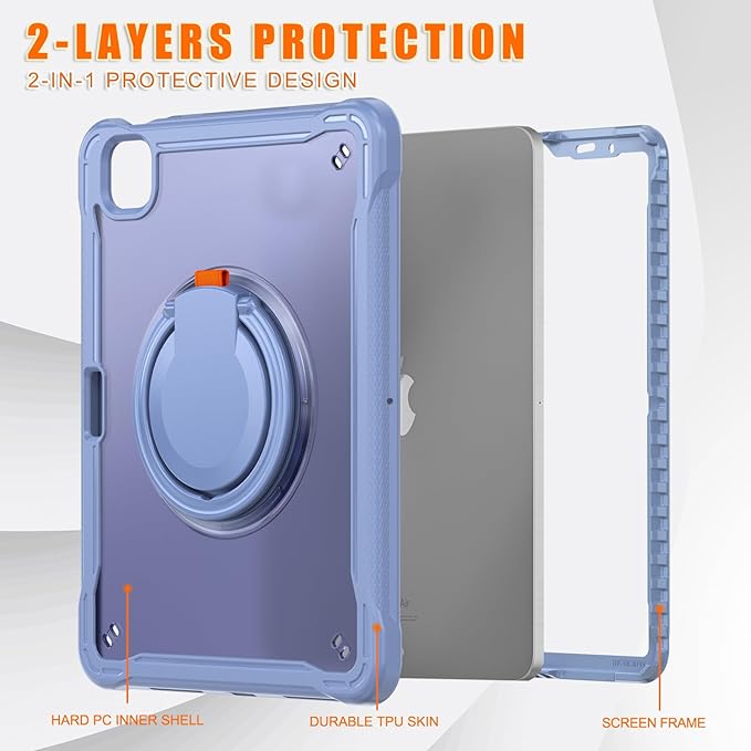 Batianda for iPad Pro 11 inch Case 2025 M5 2024 M4 Chip Dual-Layer Protective Tablet Cover, Durable Shock-Absorbing Corners with 360° Rotating Kickstand Ring Built-in Pen Slot, Lavender Grey