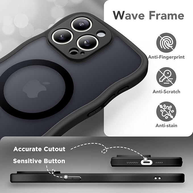 CAPRARO Cute for iPhone 15 Pro Max Case, Compatible with MagSafe, [Curly Wave Edge] [Full Camera Protection] [14 FT Drop Protection] Magnetic Phone Case for 15 Pro Max 6.7 Inch, Black