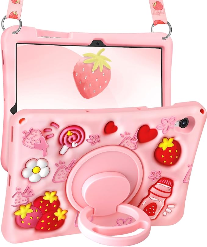 Boaretiu for Samsung Galaxy Tab S10 FE/ S9 FE Case - Soft Silicone Case with Shoulder Strap & Rotating Stand Strawberry Cute Cartoon 3D Kawaii for Girls Girly Women for Tab 2025 S10 FE/ 2023 S9 FE