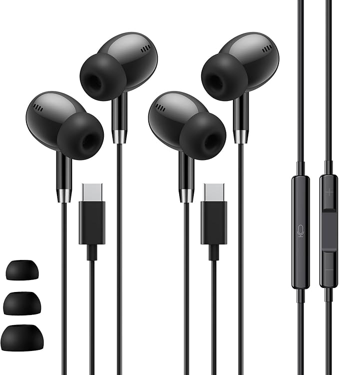 USB C Headphones for Samsung S26 Ultra S25, Wired Earbuds USB C, Type C Headphones Wired [Clear Mic] Noise Cancelling HiFi Ear Buds Pods for iPhone 17 16 15, Android/School/Travel [Black] 2 Pack