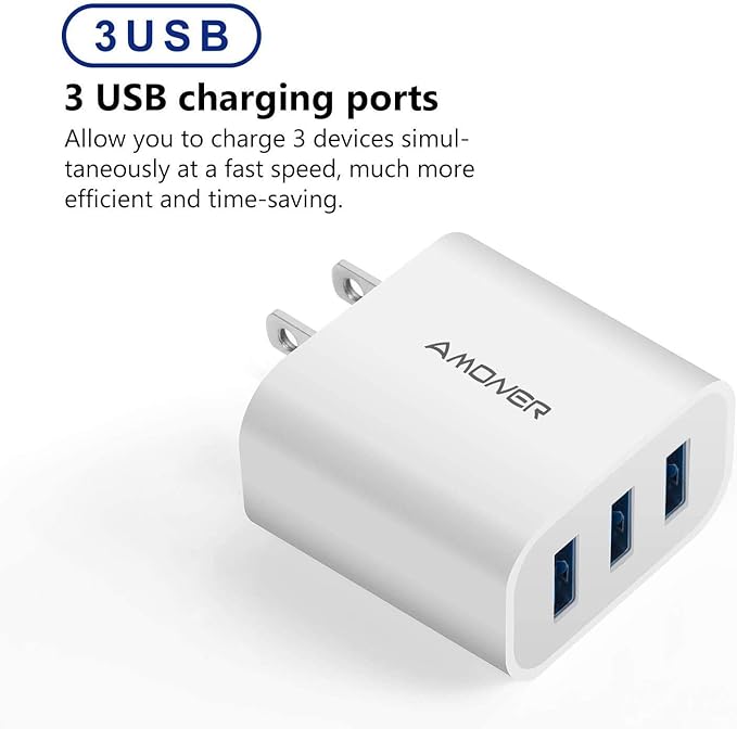 USB Wall Charger, Amoner 2Pack 15W 3-Port USB Charger Block iPhone Cube Charging Blocks for iPhone 14/13/12/11/X/XR/X/8/7/6, Galaxy, Android Phones and More