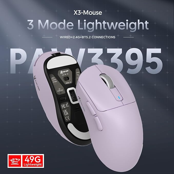 ATTACK SHARK X3 Wireless Gaming Mouse, 49g Ergonomic Computer Mouse, Triple Modes PAW3395 26K DPI Optical Sensor, 200h Battery Life, Programmable Buttons, Gaming Accessories for PC/Laptop/Mac (Purple)