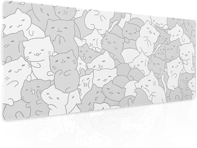 White Kawaii Cats Gaming Mouse Pad XL Cute Anime Kittens Japanese Extended Big Large Desk Mat Non-Slip Rubber Base Stitched Edge Long Keyboard Mousepad for PC Computer Laptop,31.5×11.8 Inches