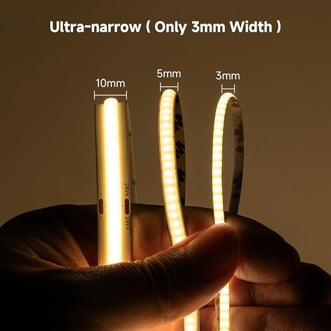 BTF-LIGHTING FCOB COB 3mm Width UL Listed Super Narrow Flexible Uniform LED Strip Light 16.4FT DC24V 3000K CRI 90+ Dimmable LED Ribbon for Kitchen Home Indoor Decor(No Adapter or Controller)