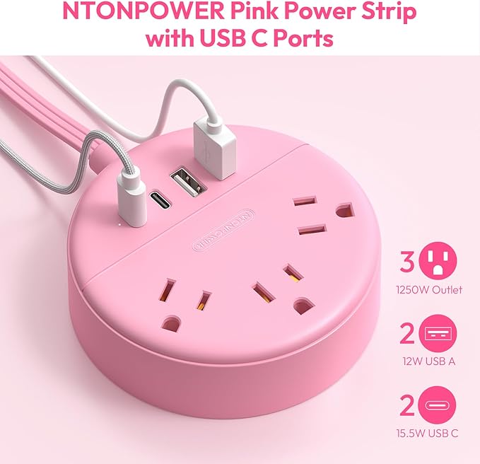NTONPOWER Pink Extension Cord 10 ft, Flat Plug Power Strip with 2 USB-C & 2 USB-A, Flat Extension Cord Under Carpet, Wall Mount, Pink Power Strip for Indoor, Home, Vanity Desk, Nightstand, Dorm Room