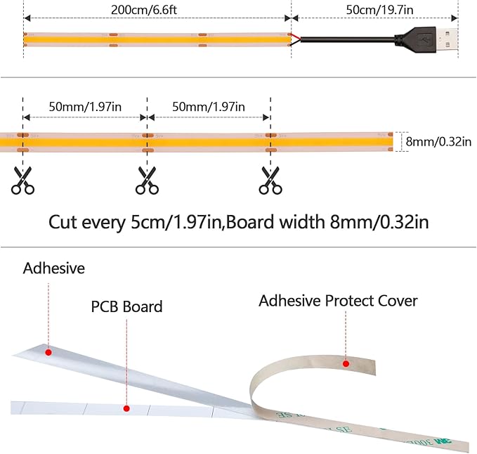 DC 5V USB COB Orange LED Strip Light USB Powered Dimmable IP65 Waterproof 6.6ft/2M 640LEDs with Dimmer High Brightness Flexible LED Tape Lights