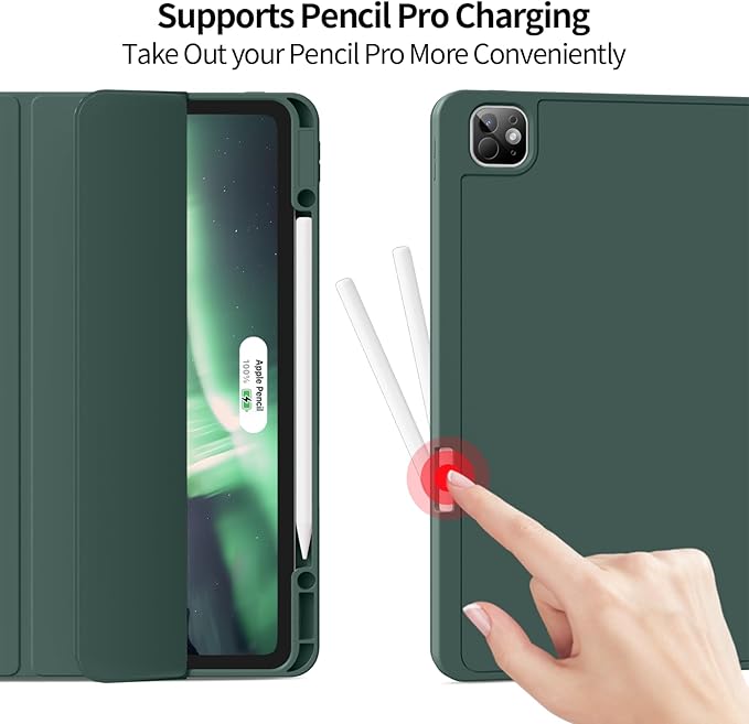 for iPad Pro 13 inch Case (M5/M4) 2025/2024, Slim Protective Cover with Pencil Holder, Soft TPU Back Cover, Trifold Stand, Auto Wake/Sleep, A2925 A2926 A3007 A3362 A3359 (Dark Green)