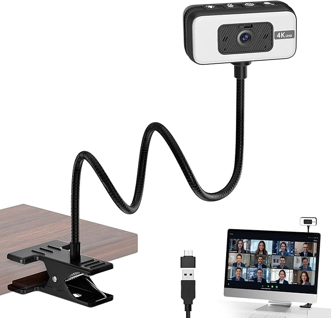 Webcam for PC, 4K Streaming Camera with Light, Web Camera for Desktop/Laptop Computer Webcam with Microphone, Plug and Play USB Web Cam with Bracket, for Live Streaming, Video Calls, and Meetings