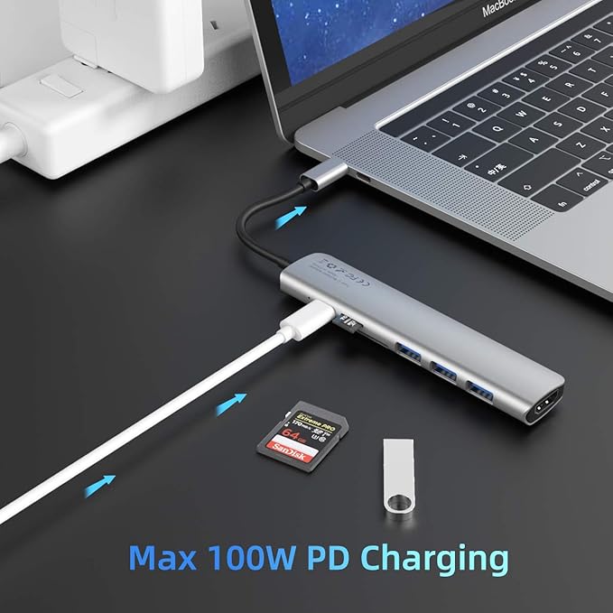 WALNEW 7-in-1 USB C Hub with 100W PD,4K HDMI,SD/TF Reader,USB 3.0, Thunderbolt 3 Dongle Multiport Adapter Type C Dock for Mac/iMac/MacBook M1 M2,iPad Pro/Air/Mini 6,Dell XPS 15 13,Chromebook Laptop