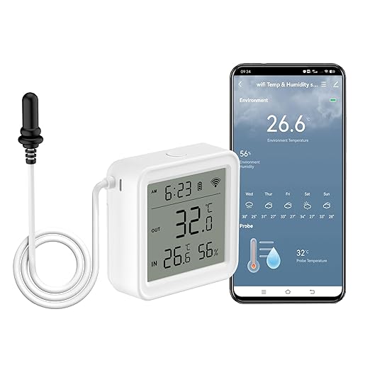 WiFi Thermometer Hygrometer: Smart Humidity Sensor with Temperature Sensor Probe, Remote APP Alert, Digital Temperature Monitor for Food Storage Brewing Fish Tank, Compatible with Alexa (1 Pack)
