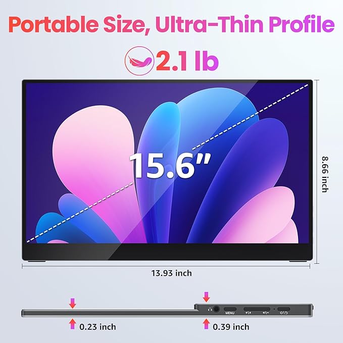 Upperizon Portable Monitor 15.6 inch FHD 90% sRGB 60Hz HDR HDMI USB-C Travel Monitor for Laptop MacBook PC Surface PS5 Xbox, External Display with Kickstand & Speakers, VESA Compatible