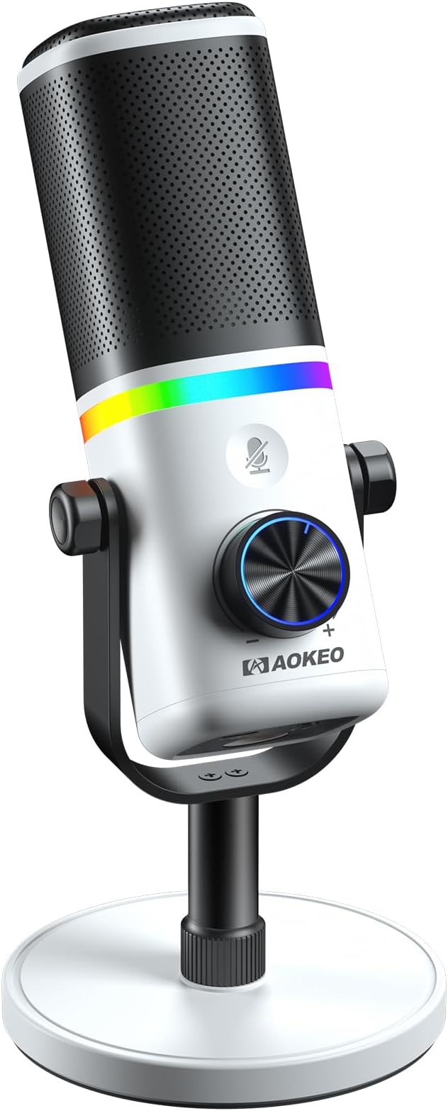 Aokeo Microphone for PC, AK-10 USB/XLR Dynamic Desktop Microphone for Gaming,Podcast,Streaming with RGB Light,Volume Control,Mute Button,Noise Reduction(White)