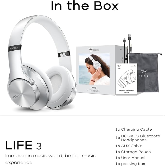 DOQAUS Bluetooth Headphones Over Ear, 90H Playtime, 3 EQ Modes, HiFi Audio, ENC Mic, Reinforced Durable Frame & Soft Earpads for Extended Wear, Phone, PC, Travel