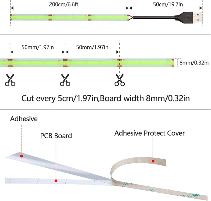 DC 5V USB COB Green LED Strip Light Dimmable IP65 Waterproof USB Powered 6.6ft/2M 640LEDs with Dimmer High Brightness Flexible LED Tape Lights