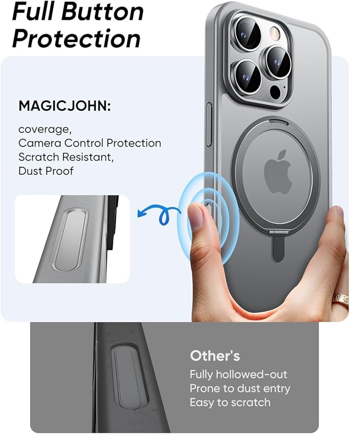MAGIC JOHN 360° Rotatable Magnetic Invisible Stand for iPhone 16 Pro Case [Camera Control Button] [Compatible with MagSafe] 16FT Shockproof for iPhone 16 Pro Case with Kickstand, Gray