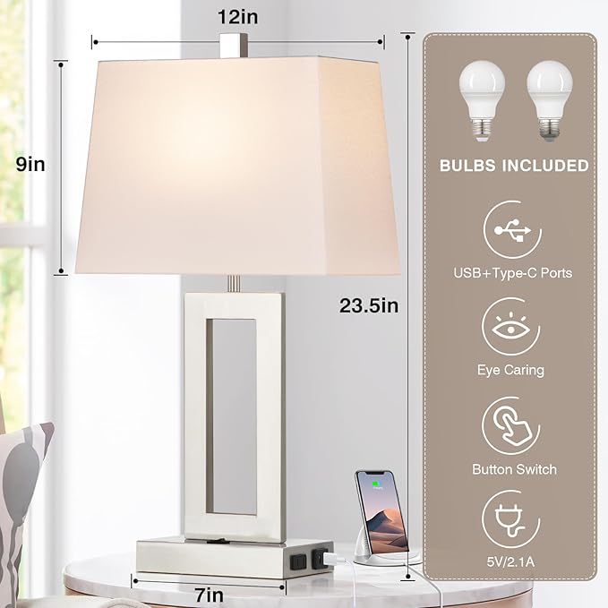 Cinkeda Table Lamp Set of 2 with USB C+A Ports & AC Outlet, Bedside Lamps, Modern Bedroom Lamps, Silver Lamps for Bedroom Living Room,Nightstand Lamp（Push Button Swich/NO dimming